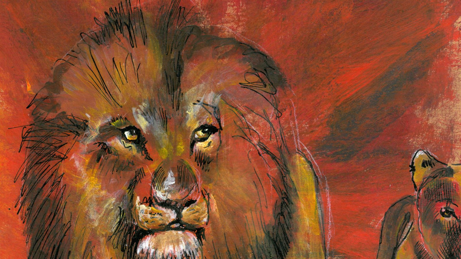 The Lion, a hand-painted archetype of the number 1, against deep red