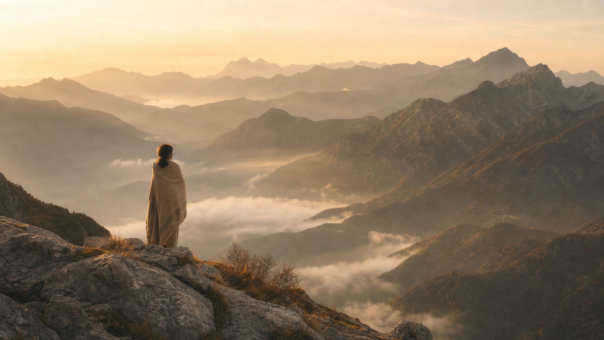 A figure on a mountain ridge at first light, mist below