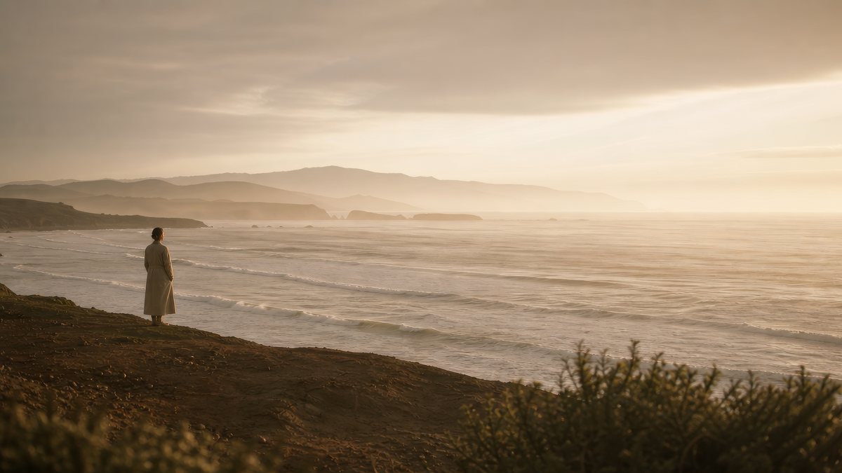 A coastal horizon in morning mist