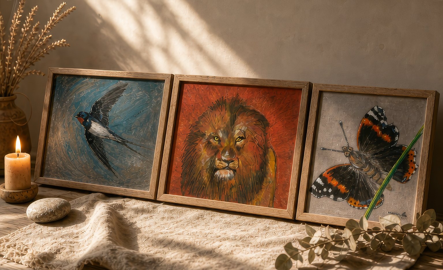 Hand-painted animal portraits leaning on linen in warm morning light, with a candle and dried grasses