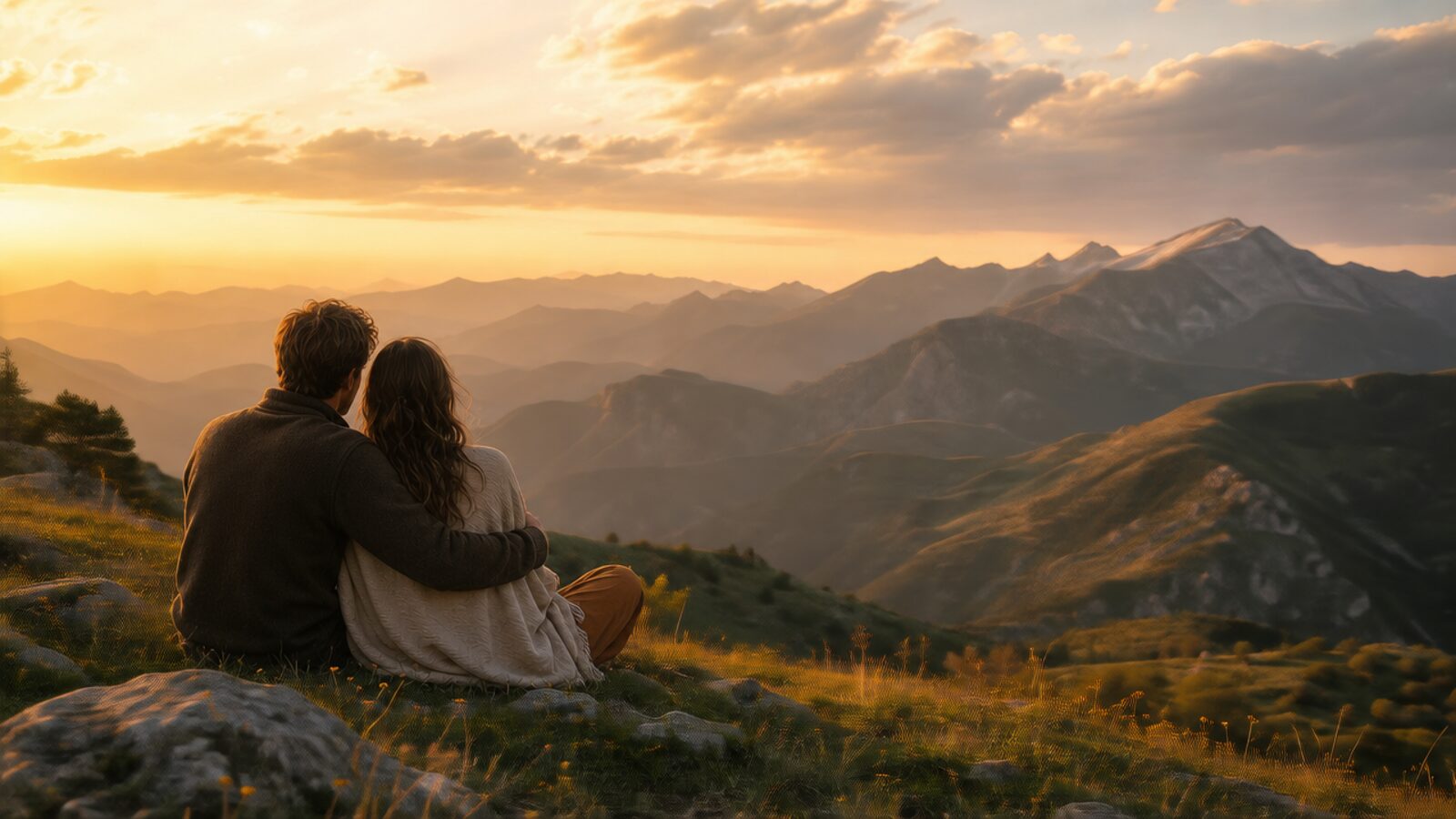 Two people sitting together on a mountain ridge at golden hour