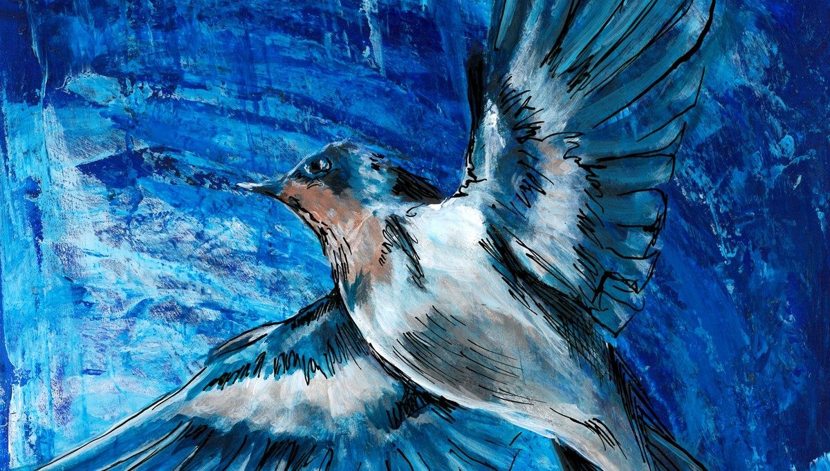 The Swallow; painted in deep blues, soaring through the sky