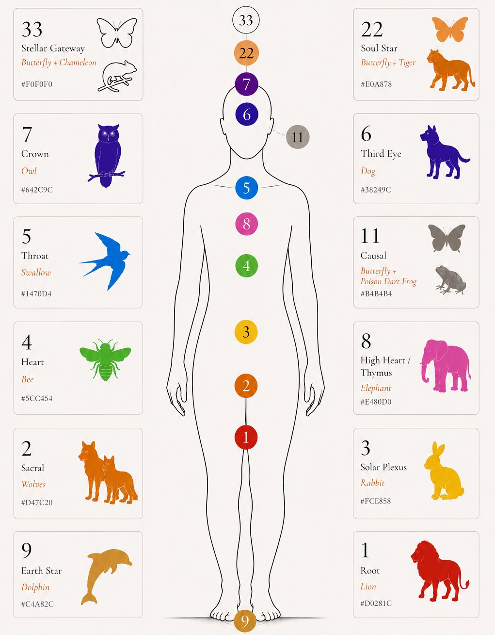 The body, with the twelve archetypes mapped to their chakras