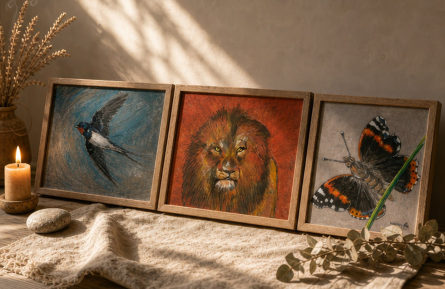 Hand-painted animal portraits leaning on linen in warm morning light