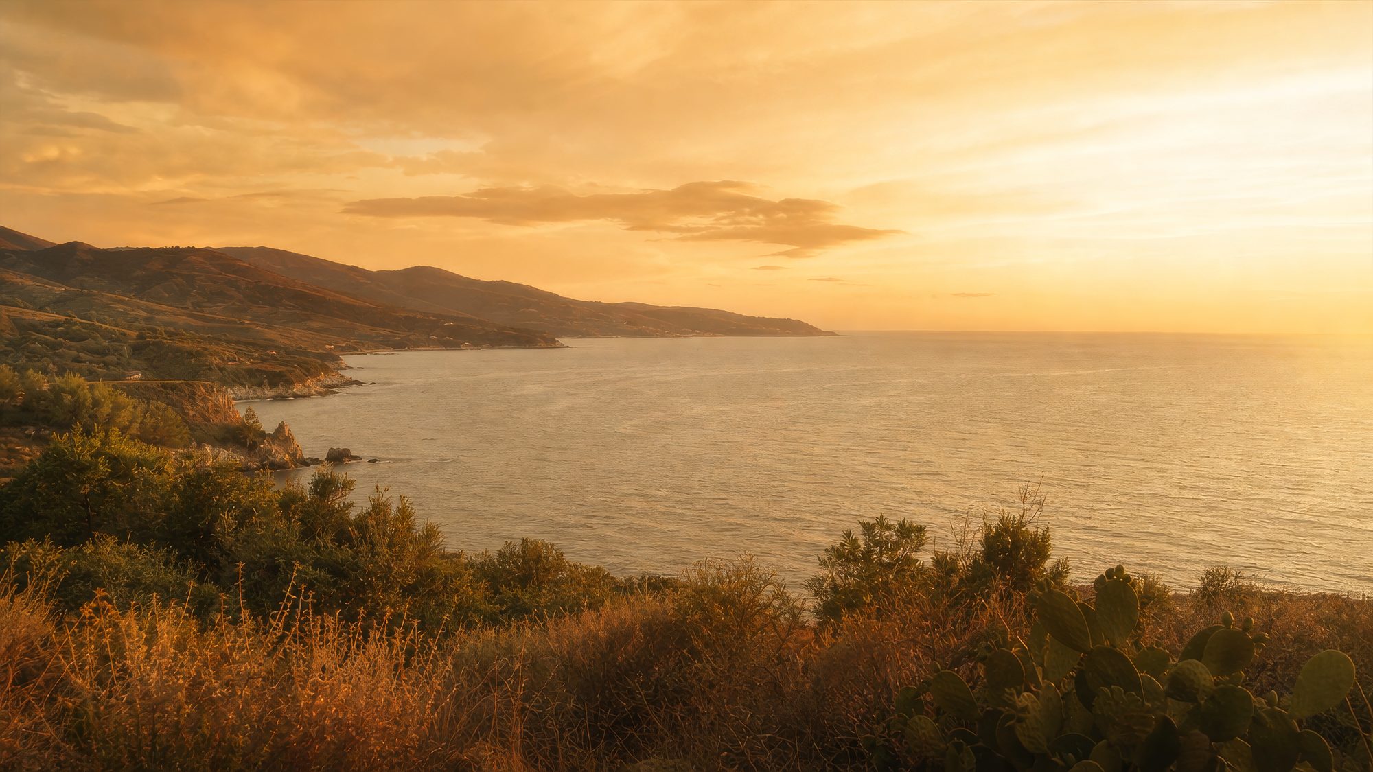 A coastal horizon at golden hour
